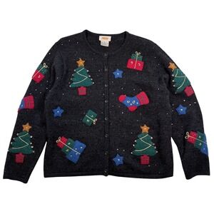 Talbots Vintage Wool Christmas Cardigan Sweater Womens Medium Black Sequined